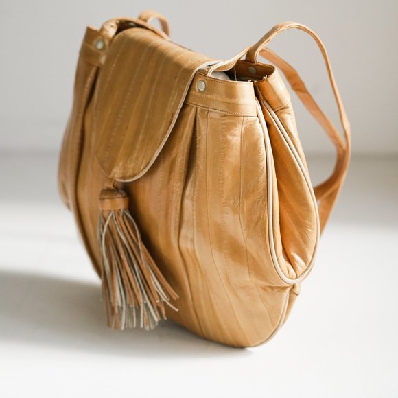 Light Camel Eel Skin Leather Oval OOAk Unique Tote - Picture 5 of 11